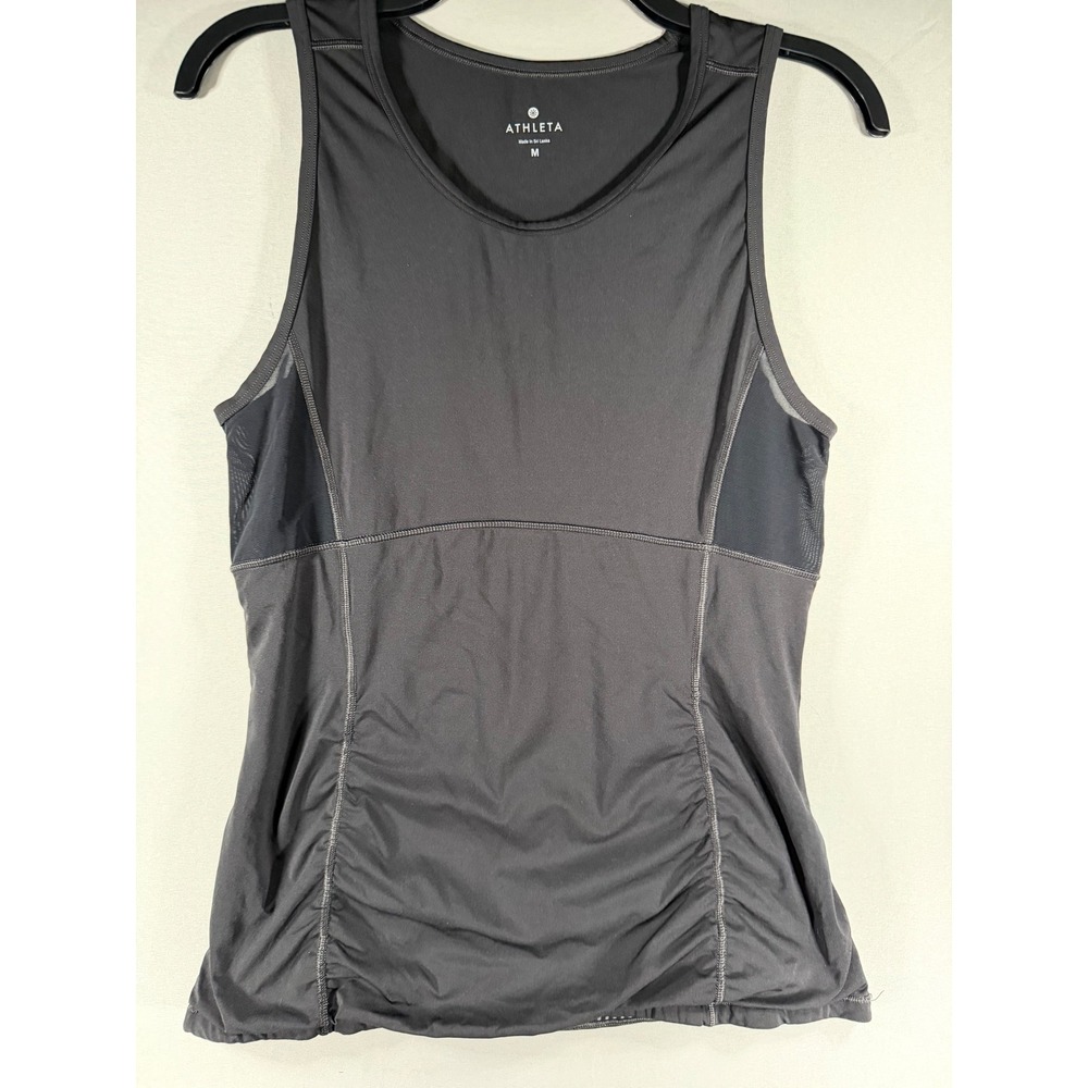 Athleta Womens Gray Mesh Panel Ruched Athletic Tank Top with Shelf Bra Medium